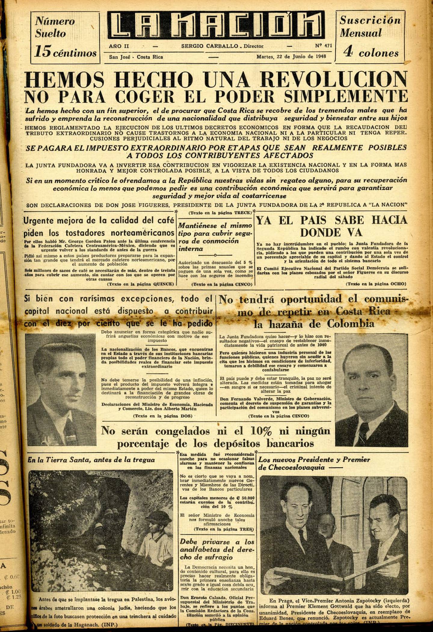 Portada impresa de La Nación del 21 de junio de 1948 donde se publican decisiones del gobierno de la Segunda República