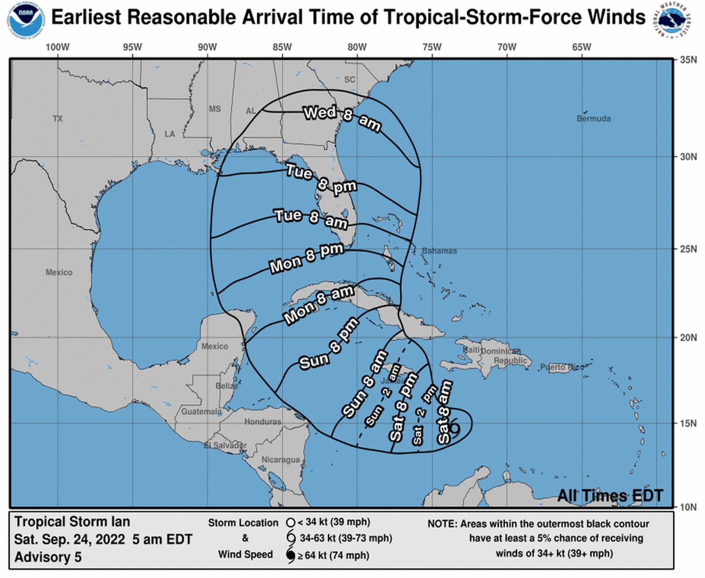 Con hora de Miami (dos más que Costa Rica) esta es la trayectoria que se espera para el ciclón desde hoy hasta el martes. Imagen: Centro Nacional de Huracanes.