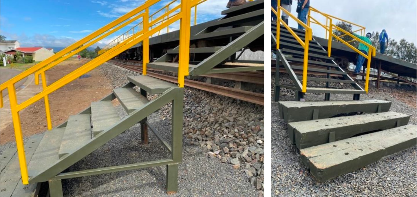 Esta es la única escalera de acceso para abordar el tren en Paraíso que se compone de dos tipos de gradas diferentes. Fotografía: Ministerio de Salud.