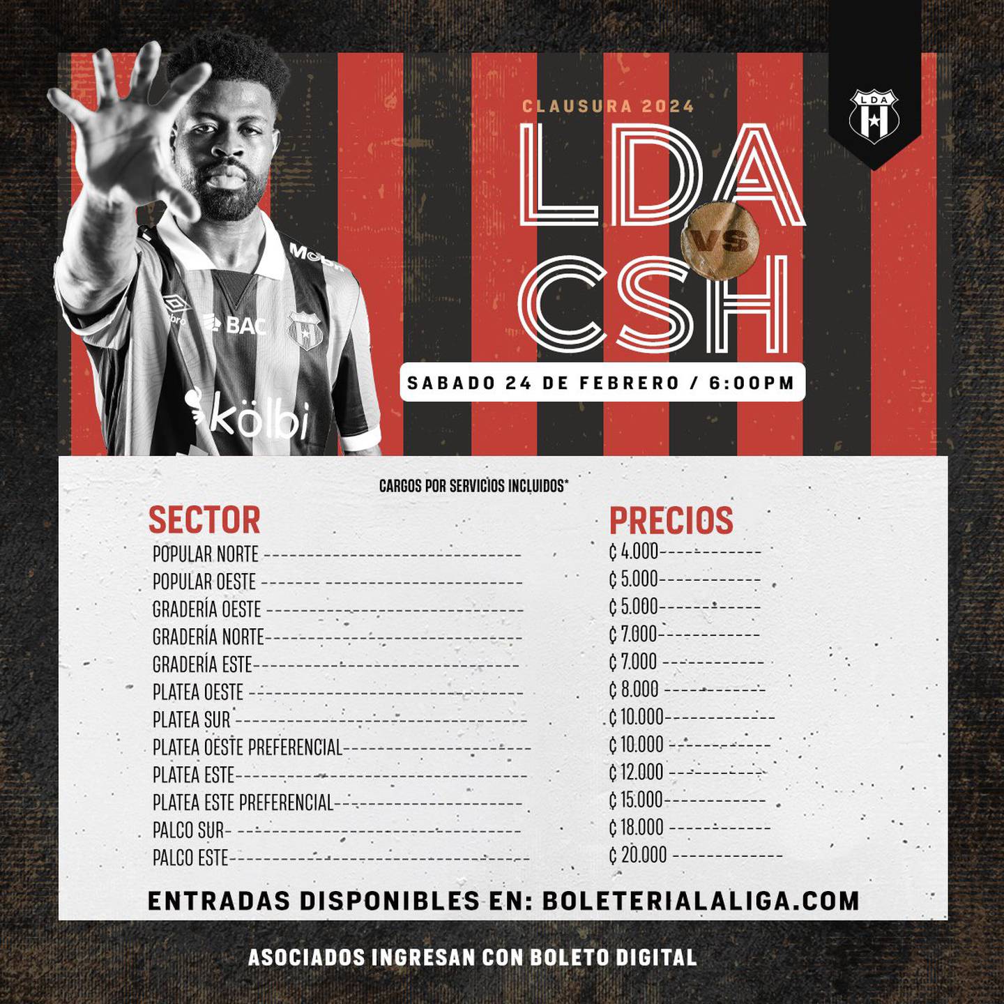 Estos son los precios para el partido entre Liga Deportiva Alajuelense y Herediano, pactado para el sábado 24 de febrero en el Estadio Alejandro Morera Soto.