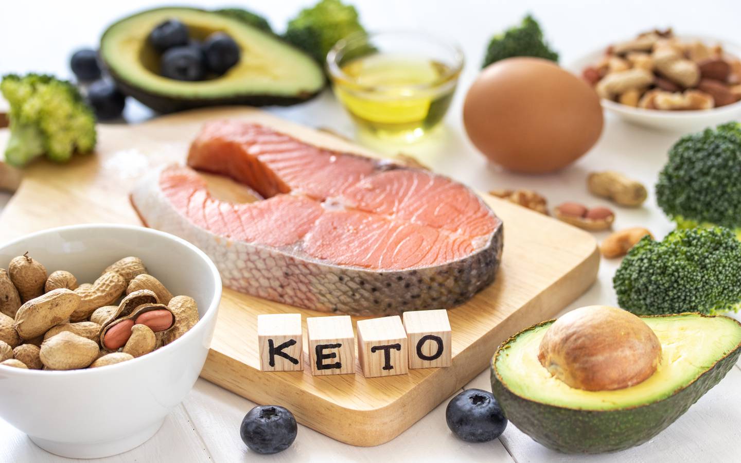 La dieta keto se centra en alimentos como aguacates y aceite de oliva (grasas saludables) junto con pollo y pescado (proteínas magras), limitando carbohidratos como pan y azúcares para mantener la cetosis.