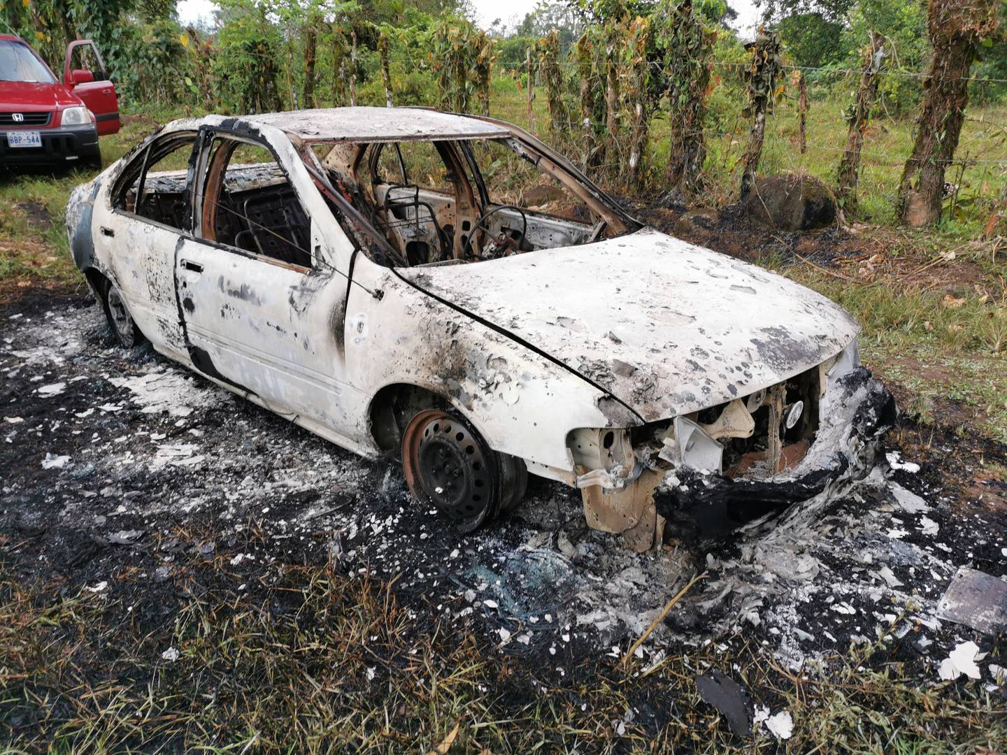 El OIJ investiga si este carro, que apareció quemado a 4 kilómetros de los apartamentos baleados, fue usado por los pistoleros para escapar del sitio. Foto: Reiner Montero.