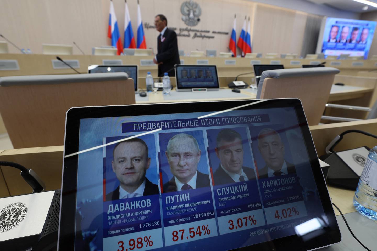 Vladimir Putin obtuvo el 88 por ciento de los primeros votos contados en las elecciones presidenciales de Rusia, afirmó el jefe de la comisión electoral rusa.