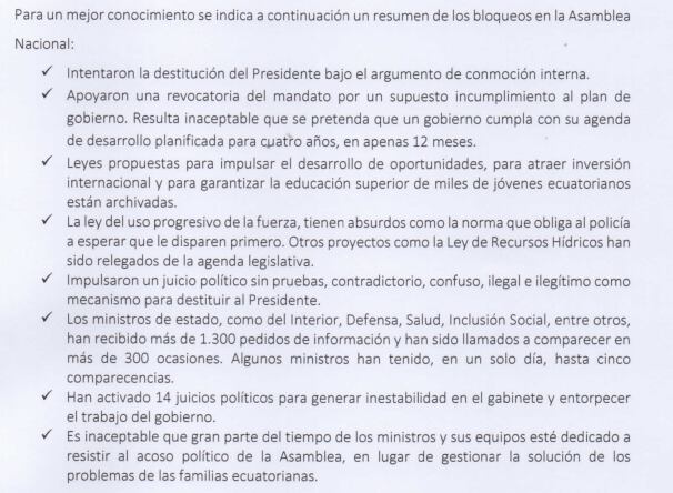 La Embajada de Ecuador en Costa Rica realizó, este miércoles, una serie de señalamientos sobre la labor de la Asamblea Nacional a la que acusa de obstruir la labor del Gobierno. (Cortesía)