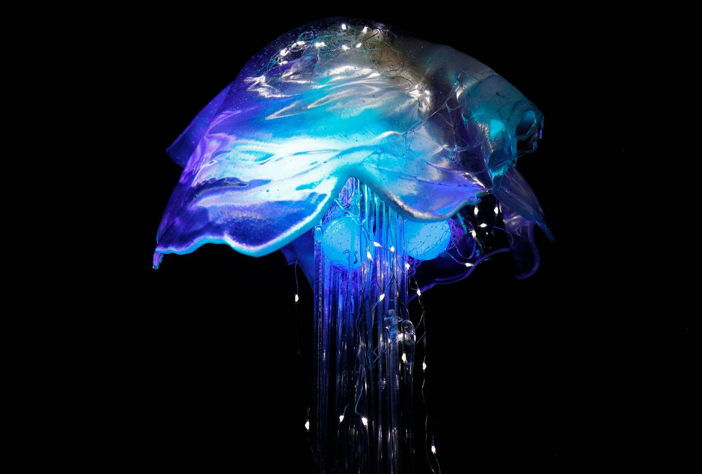 La artista Iris Terán presenta esta pieza que emula el movimiento de una medusa con luz. Foto: Cortesía CCCC