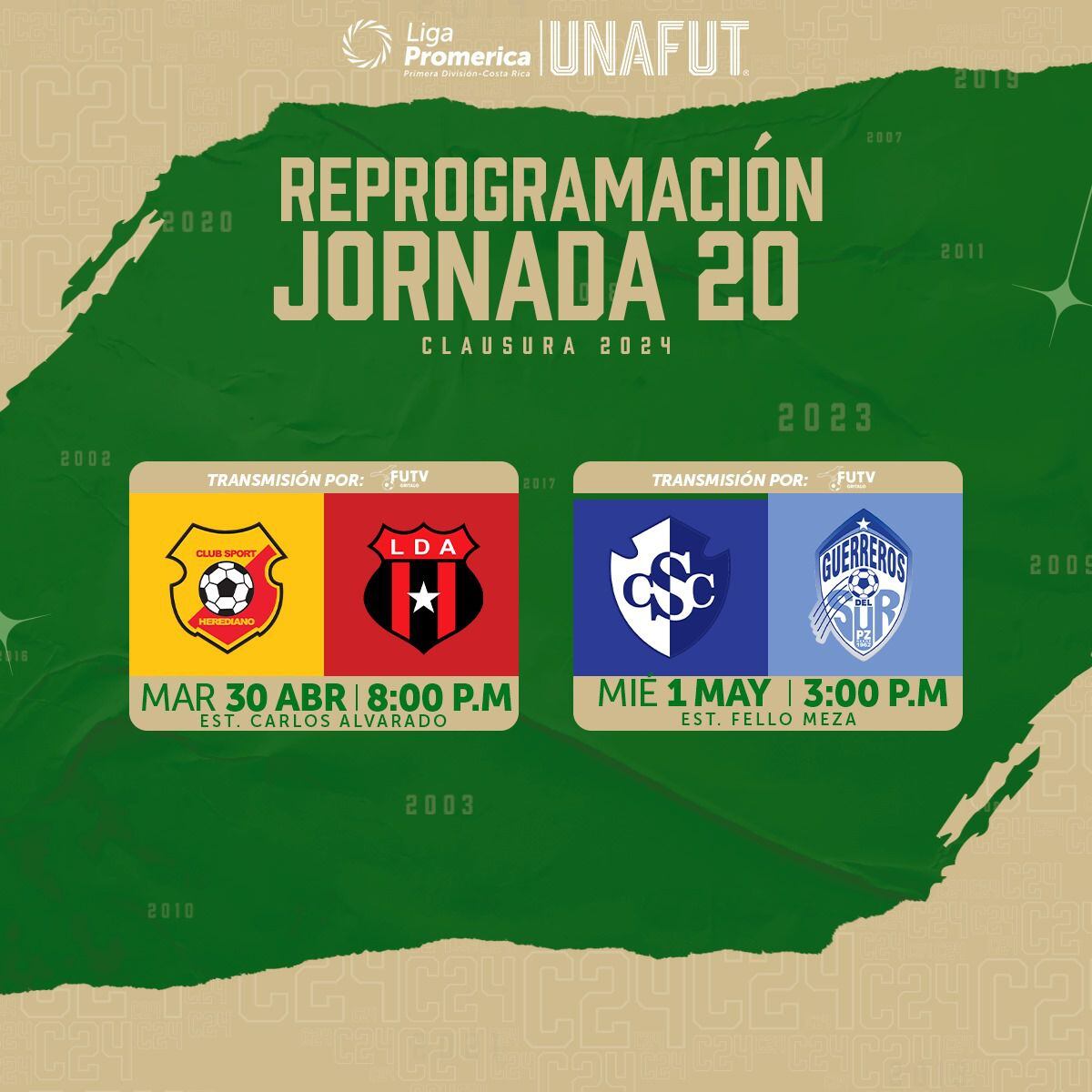 Así anunció la Unafut la programación del juego Herediano vs. Alajuelense y Cartaginés vs. Pérez Zeledón, de esta semana. Unafut