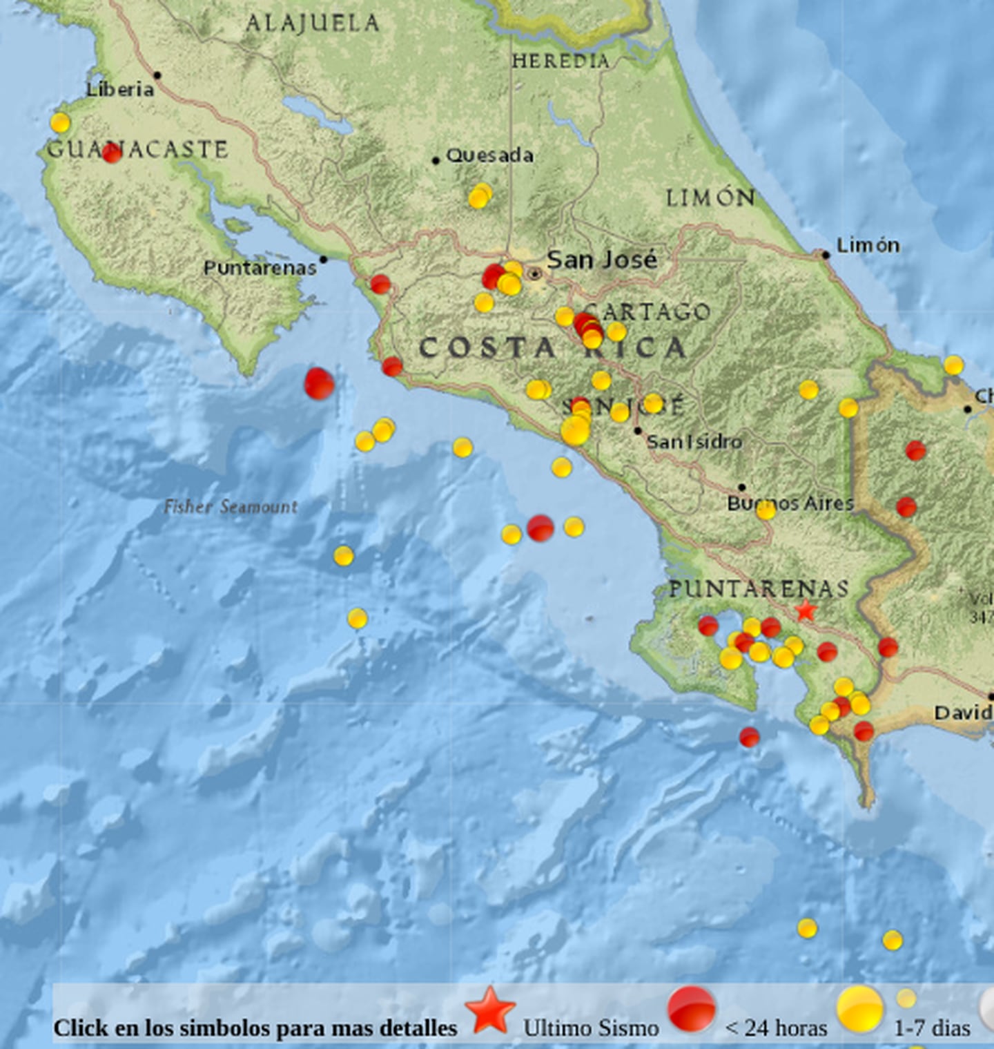 El Valle Central y el Pacífico sur concentran en la última semana la mayoría de sismos, varios han sido sentodos por la población.Mapa: Ovsicori.