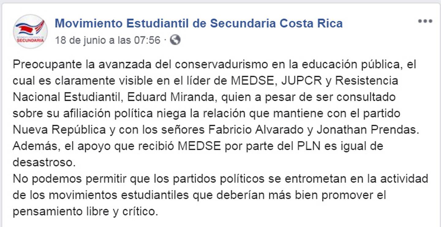 El pasado 18 de junio, el Movimiento Estudiantil de Secundaria Costa Rica (Moves) reprochó la influencia de fuerzas políticas en grupos estudiantiles.