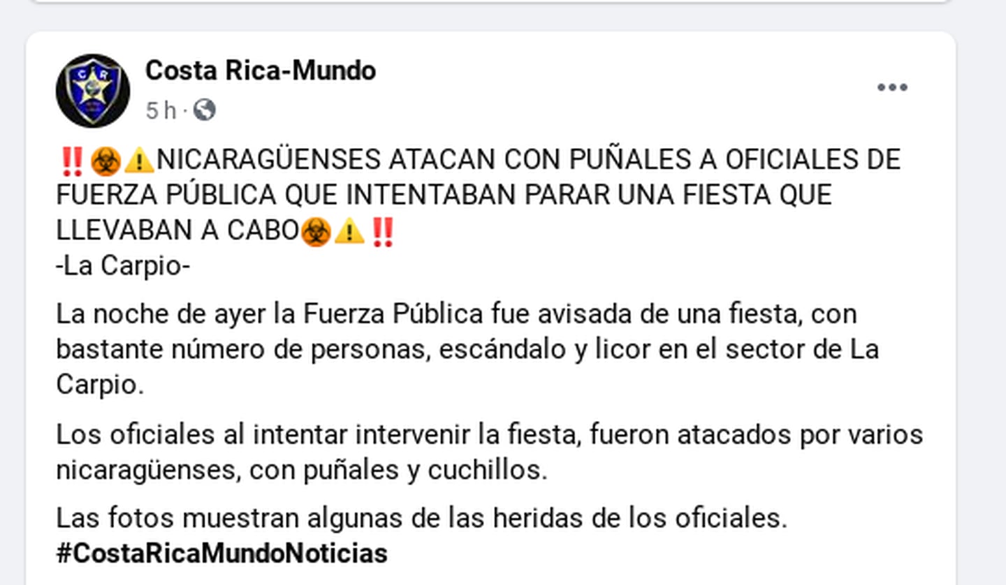 Una página de Facebook llamada Costa Rica-Mundo difunde información falsa sobre una fiesta intervenida por la Policía la noche de este sábado en la ciudadela La Carpio.