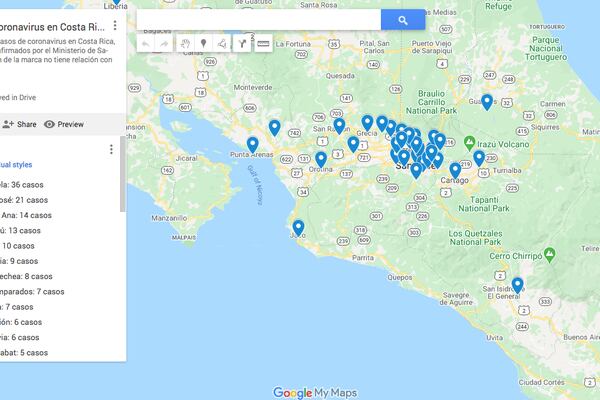 Mapa del coronavirus en Costa Rica por cantón