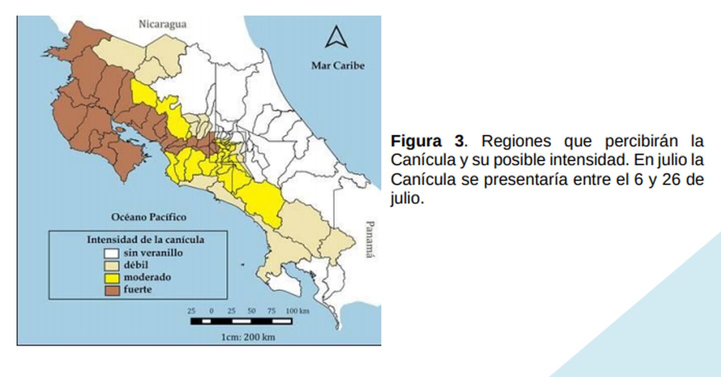 En café u amarillo, se resaltan las regiones donde más se percibirá la fase canicular. En blanco, las zonas donde no habrá merma en las lluvias. Imagen: IMN.