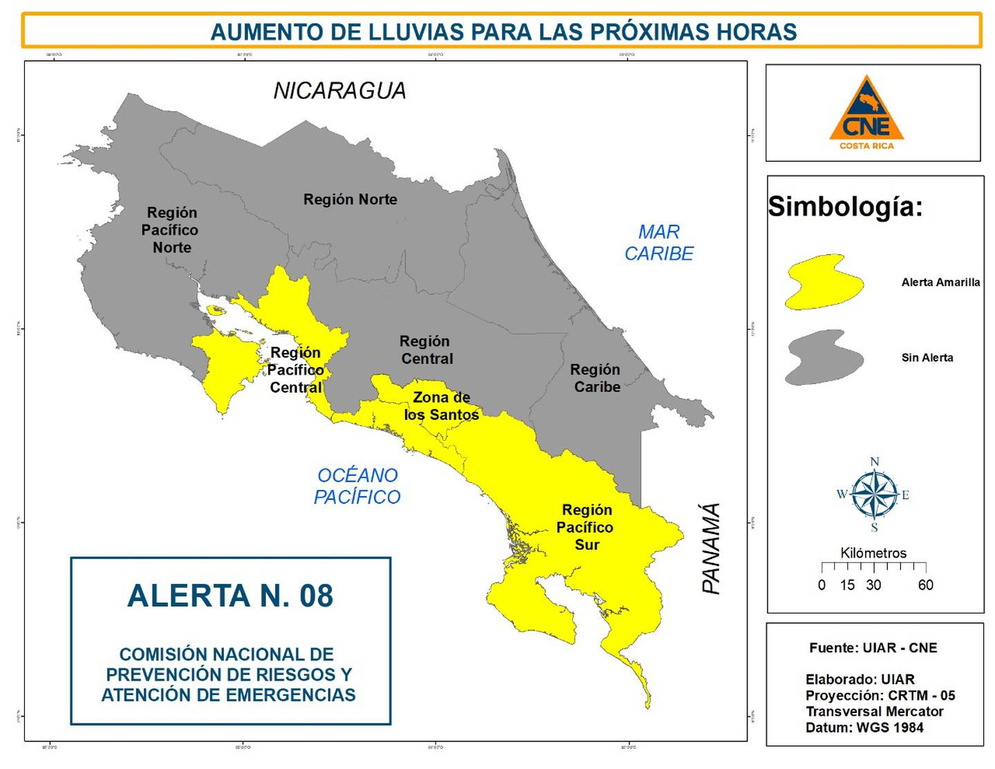 Salvo la parte norte de Guanacaste, todo el litoral pacífico está con alerta amarilla. Imagen: CNE.