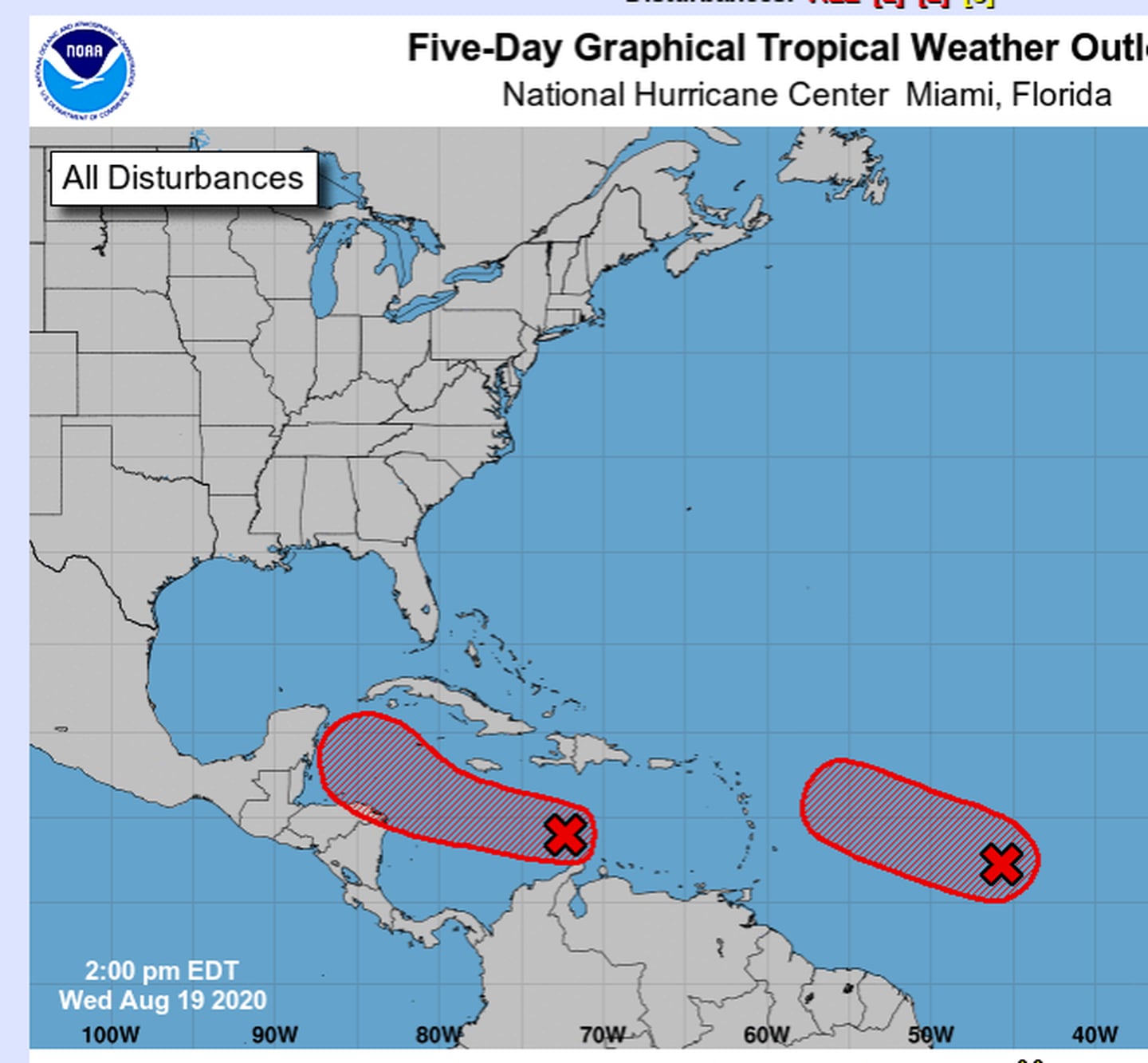 En el mapa se obseva la trayectoria de la onda tropical que nos afectaría indirectamente mañana y en mar abierto se ve otro fenómeno simultáneo, muy lejano, pero que también tiene potencial de ciclón. Imagen: Centro Nal. de Huracanes.