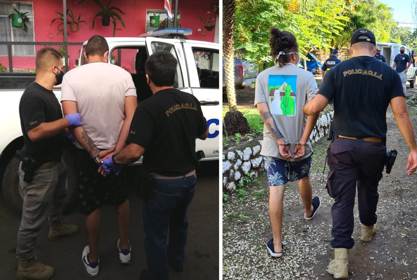 A la izquierda el detenido en Juan Viñas, de apellido Ortiz, mientras  que en Santa Cruz de Guanacaste (derecha) se detuvo a un sujeto apellidado Corea. Foto: Cortesía: OIJ.