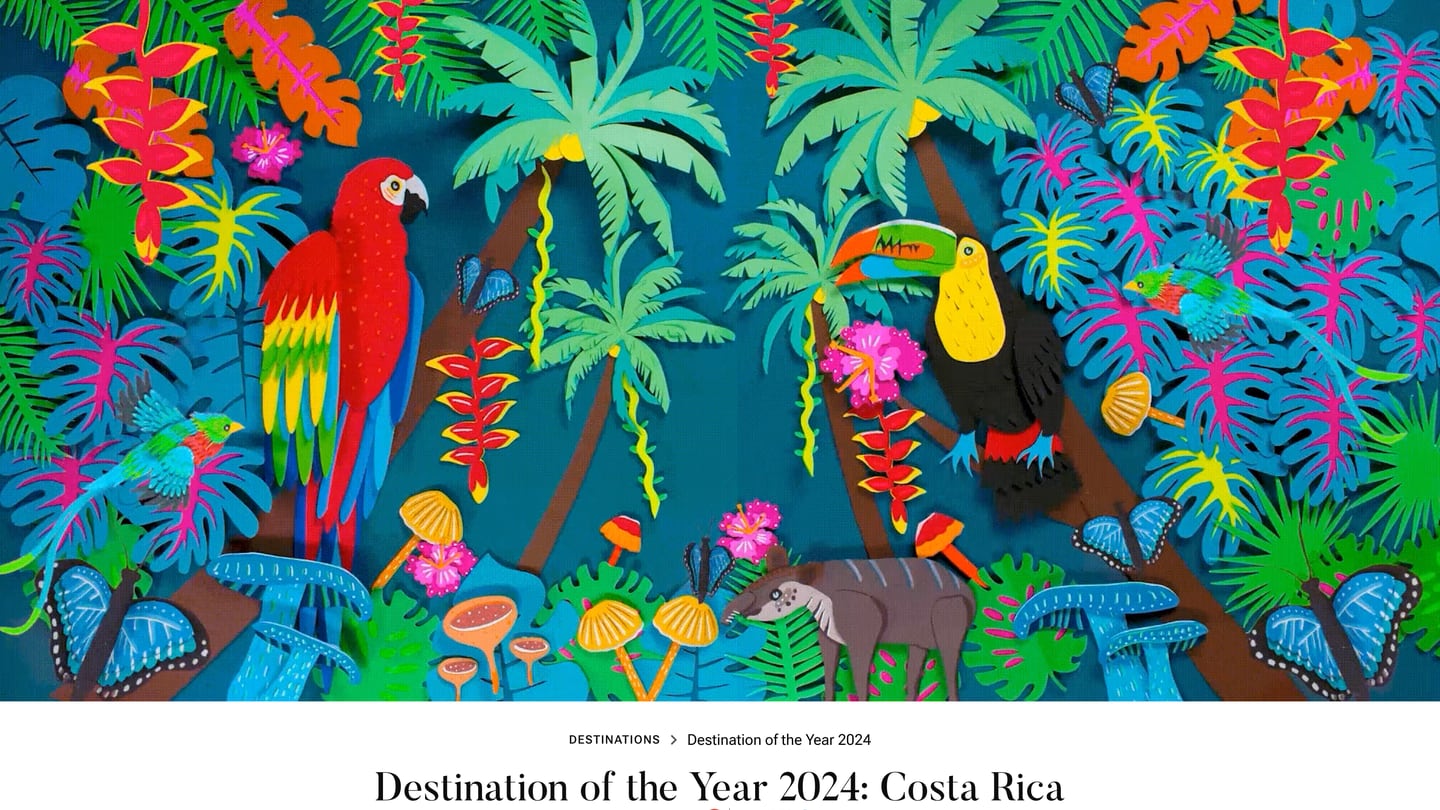 La publicación introduce su especial de Costa Rica como destino del 2024 con ilustraciones de lapas, tucanes, dantas, mariposas morphos y la vegetación nacional. Fotografía: Cortesía TRAVEL + LEISURE.