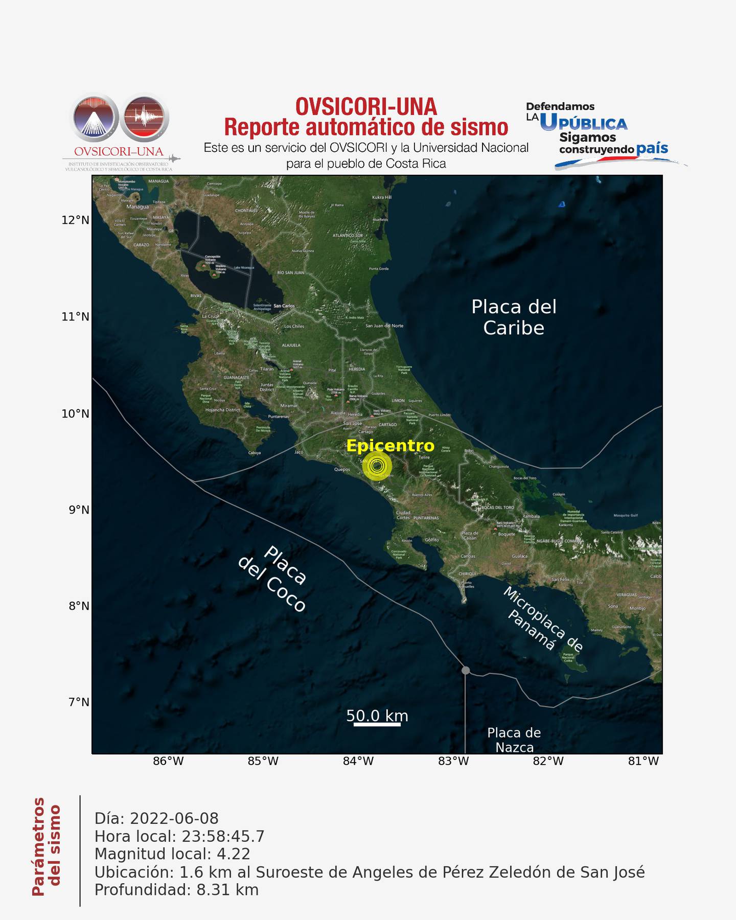 Al filo de la medianoche un temblor de magnitud 4,2 en Pérez Zeledón generó una serie de réplicas que el Ovsicori analiza como secuencia sísmica. Imagen: Ovsicori.