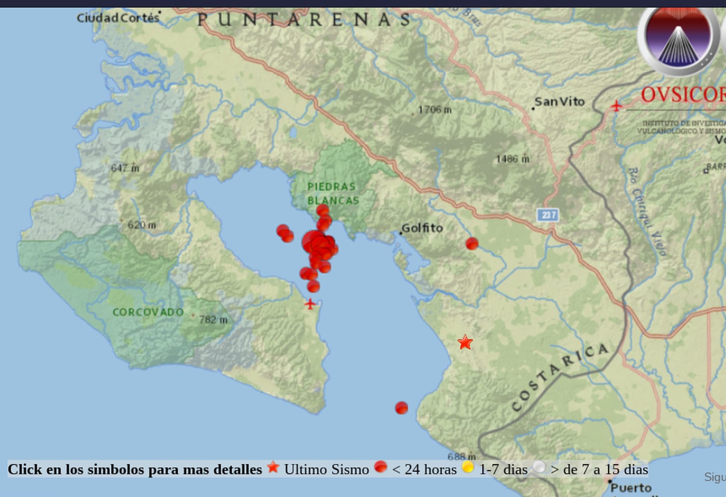 Más de 40 sismos, el más fuerte de magnitud 4,9 se han originado en el Golfo Dulce y alrededores, Golfito. Imagen: Ovsicori.
