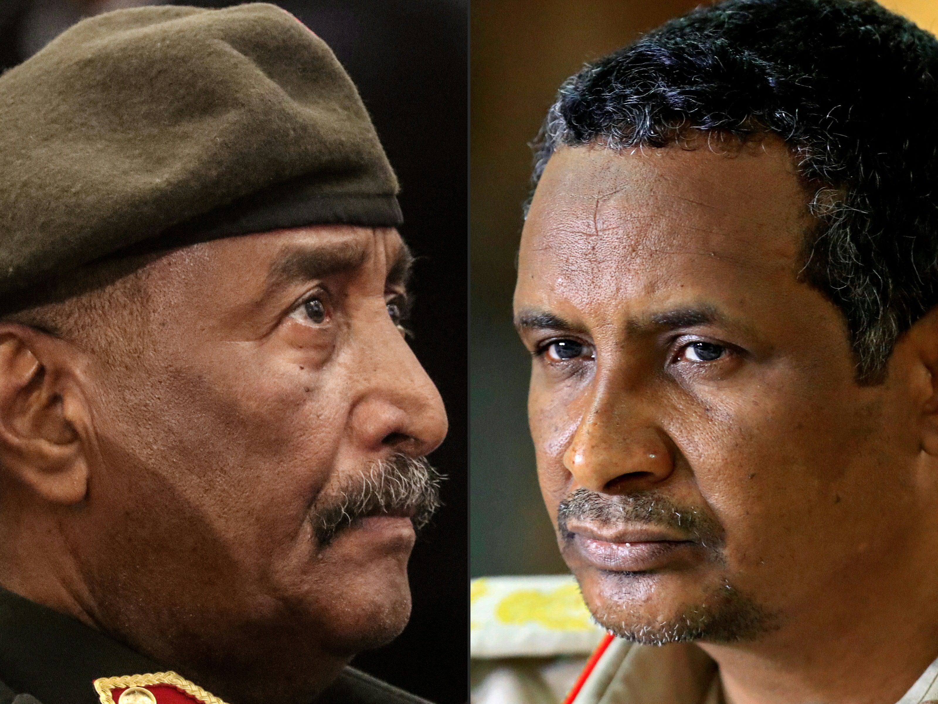 El jefe del ejército de Sudán, Abdel Fattah al-Burhan (izq.) y el comandante de las Fuerzas de Apoyo Rápido paramilitares de Sudán, el general Mohamed Hamdan Daglo (Hemedti), intensificaron combates por segundo día el 16 de abril después de las batallas mortales entre los generales rivales en el control desde su golpe de estado de 2021. 