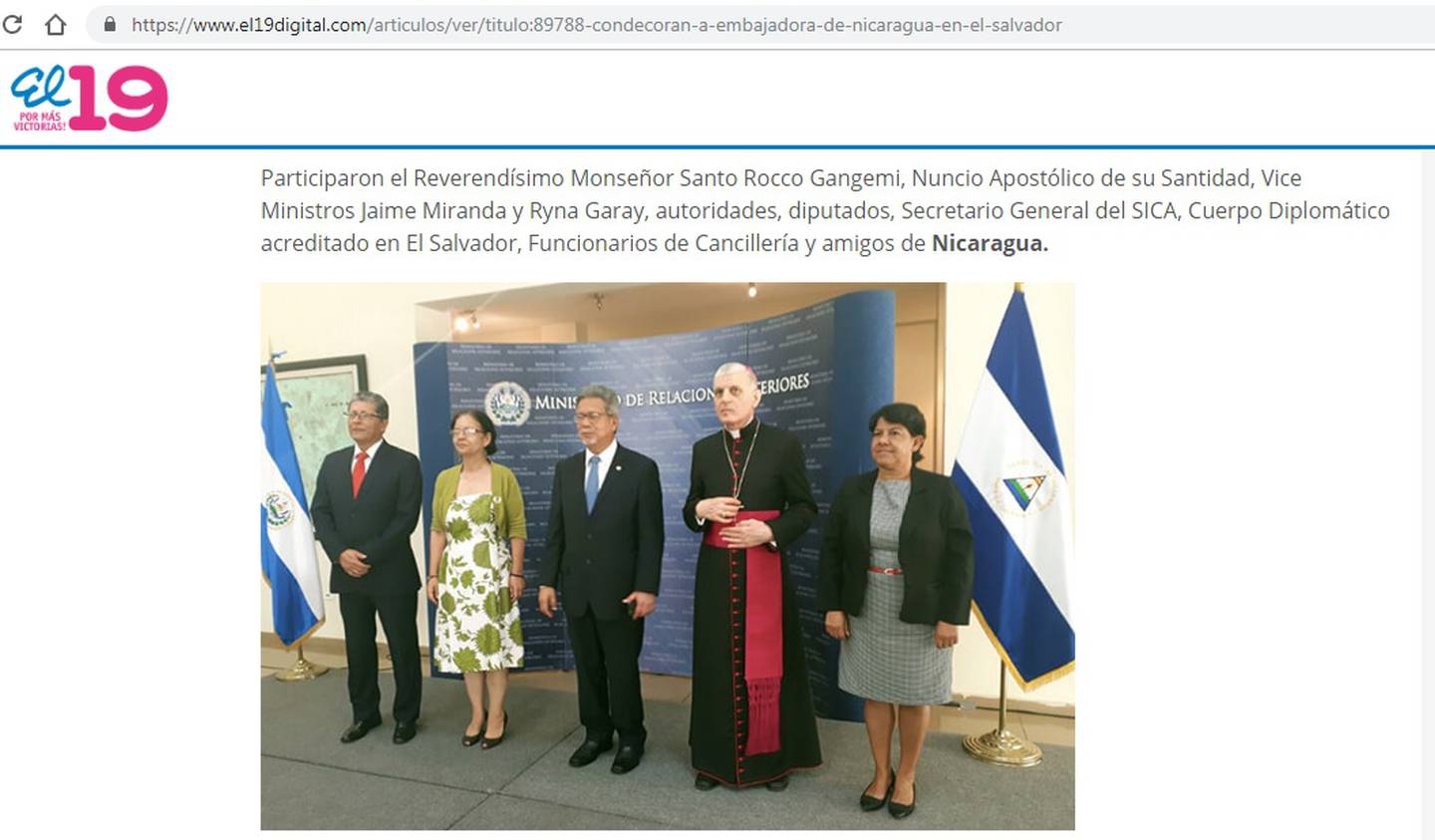 Gilda Bolt González fue condecorada el 3 de mayo por la cancillería de El Salvador, al concluir sus funciones como embajadora en ese país. La información fue divulgada por El 19 Digital, uno de los medios oficialistas en Nicaragua. Foto: captura de pantalla.