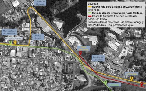 Este es el mapa de cómo funcionará ahora la vía desde Zapote a Tres Ríos.

Imagen: MOPT