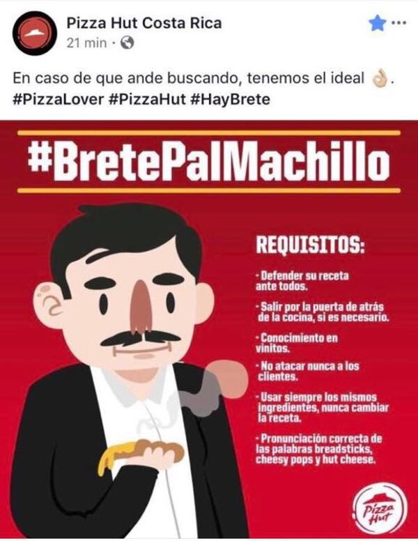 PublicaciÃ³n de Pizza Hut en la que criticaron la actuaciÃ³n de Ãscar El Macho RamÃ­rez al mando de la SelecciÃ³n Nacional de Costa Rica en el Mundial Rusia 2018. La imagen es una captura de pantalla de la pÃ¡gina de Facebook de Pizza Hut Costa Rica.