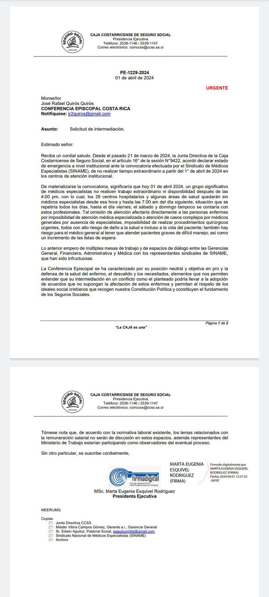 Esta es la solicitud de mediación presentada por la CCSS para pedir mediación de la Iglesia en la situación de los médicos especialistas.