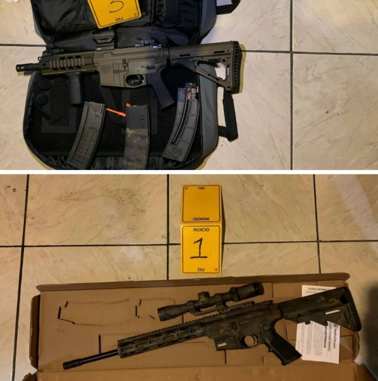 Dos fusiles con mira telescópica son parte de lo decomisado al funcionario público detenido por accionamiento de arma en vía pública de San Carlos. Foto: Cortesía OIJ.