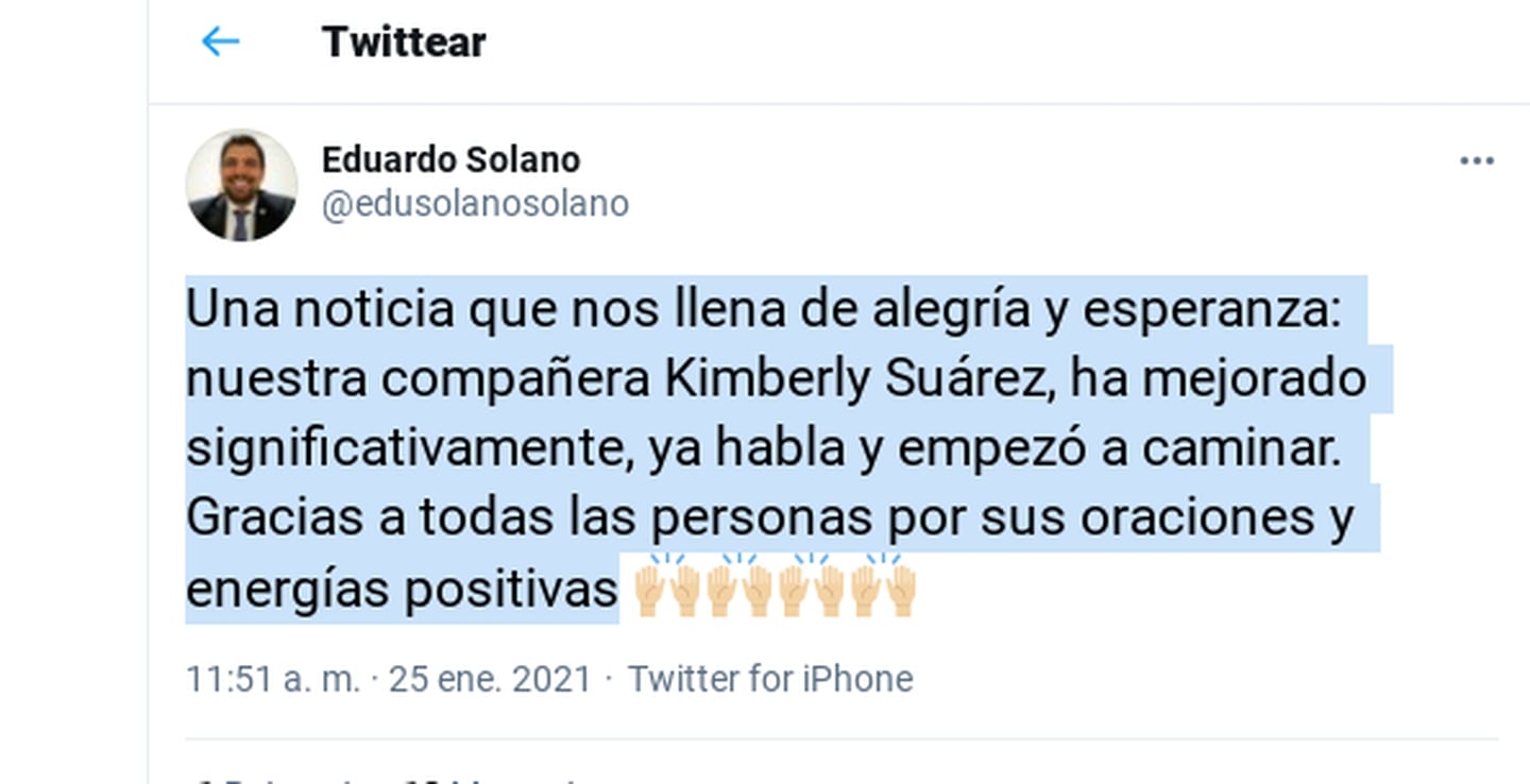 Solano se mostró esperanzado en su cuenta de Twitter.