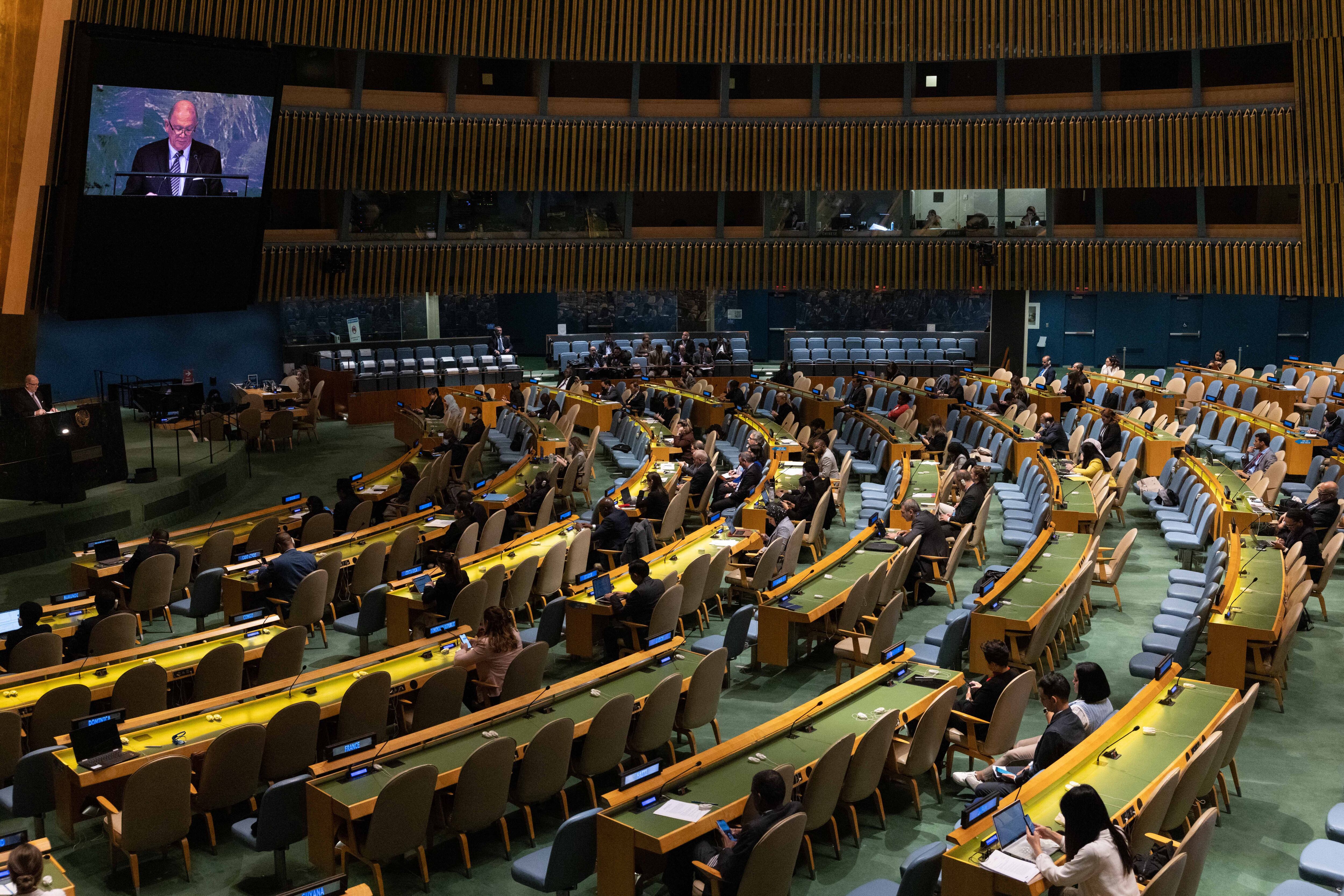 A general view shows a United Nations General Assembly meeting regarding the commercial and financial embargo imposed by the United States against Cuba, at the United Nations headquarters in New York City on November 2, 2022. (Photo by Yuki IWAMURA / AFP)