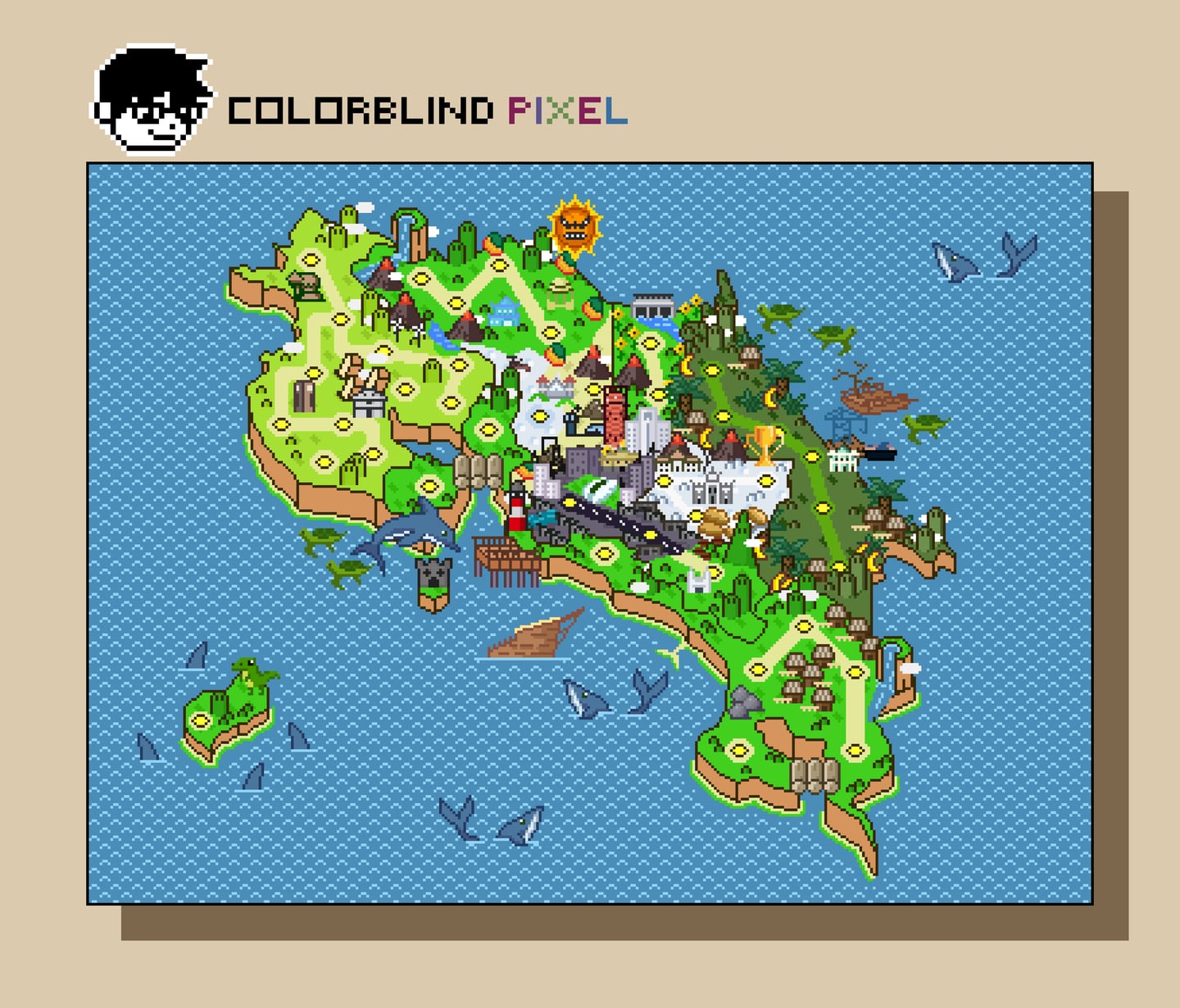 Dentro del mapa de Costa Rica, Colorblind Pixel incluyó aspectos ambientales del país, como volcanes y montañas, así como edificios emblemáticos de cada provincia.