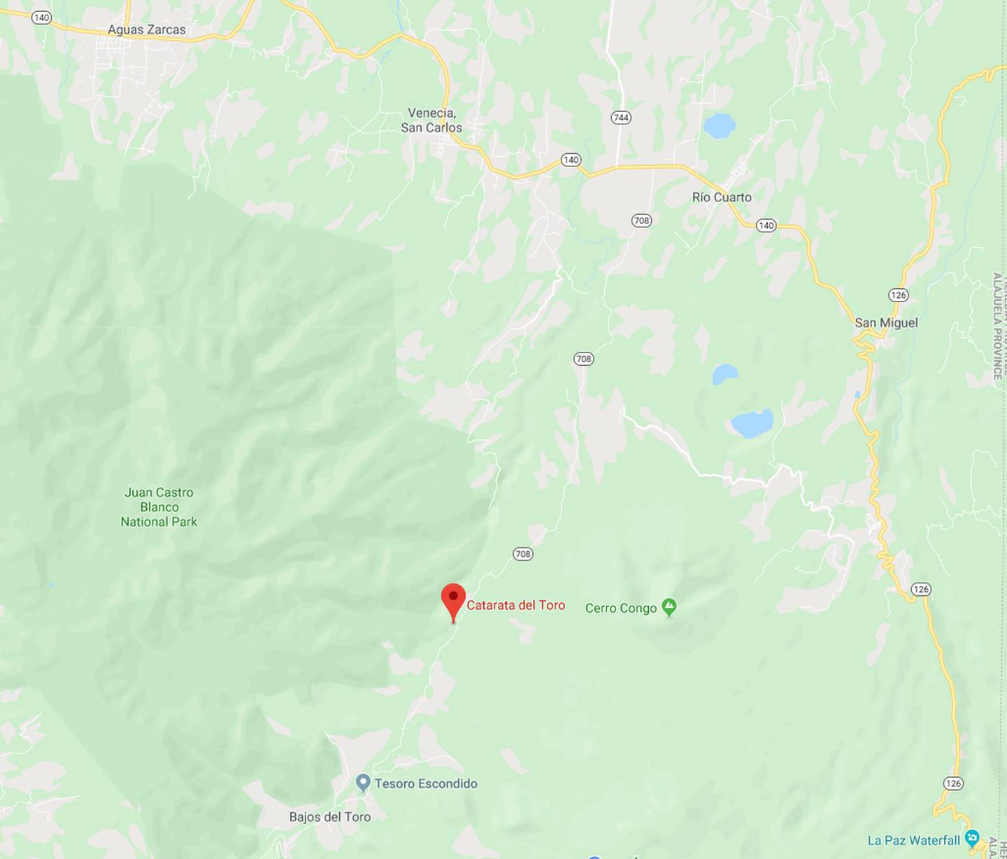 El accidente acuático con tres víctimas ahogadas ocurrió el domingo en la mañana en el punto de caída de la catarata del Toro, en el río del mismo nombre, San Carlos. Google maps.