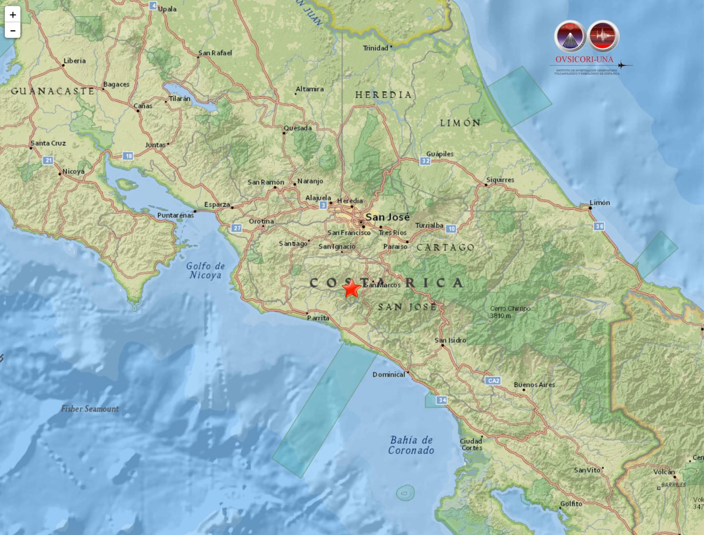 El epicentro del sismo se localizó a 11 kilómetros hacia el oeste de San Marcos de Tarrazú, en el cantón de León Cortés, según el Ovsicori. Fotografía: Ovsicori