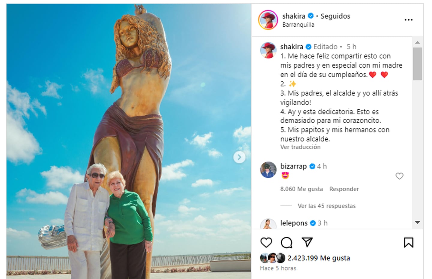 La reacción de Shakira no se hizo esperar, mediante su cuenta de Instagram publicó varias fotografías en las que se observa a sus padres en la escultura.