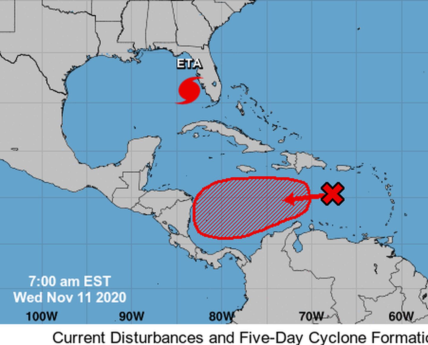 La proyección del Centro Nacional de Huracanes para dentro de cinco días, otorga al disturbio una trayectoria muy similar a la que tuvo el huracán Eta. Imagen: Centro Nacional de Huracanes.