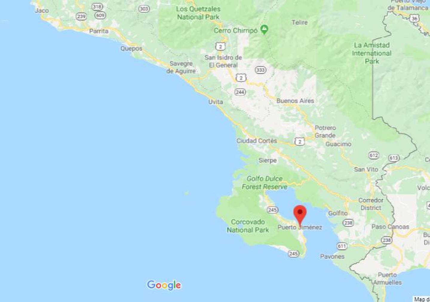 Este sería el segundo caso del año de mujeres asesinadas por su pareja o expareja en Golfito. Imagen: Google maps.