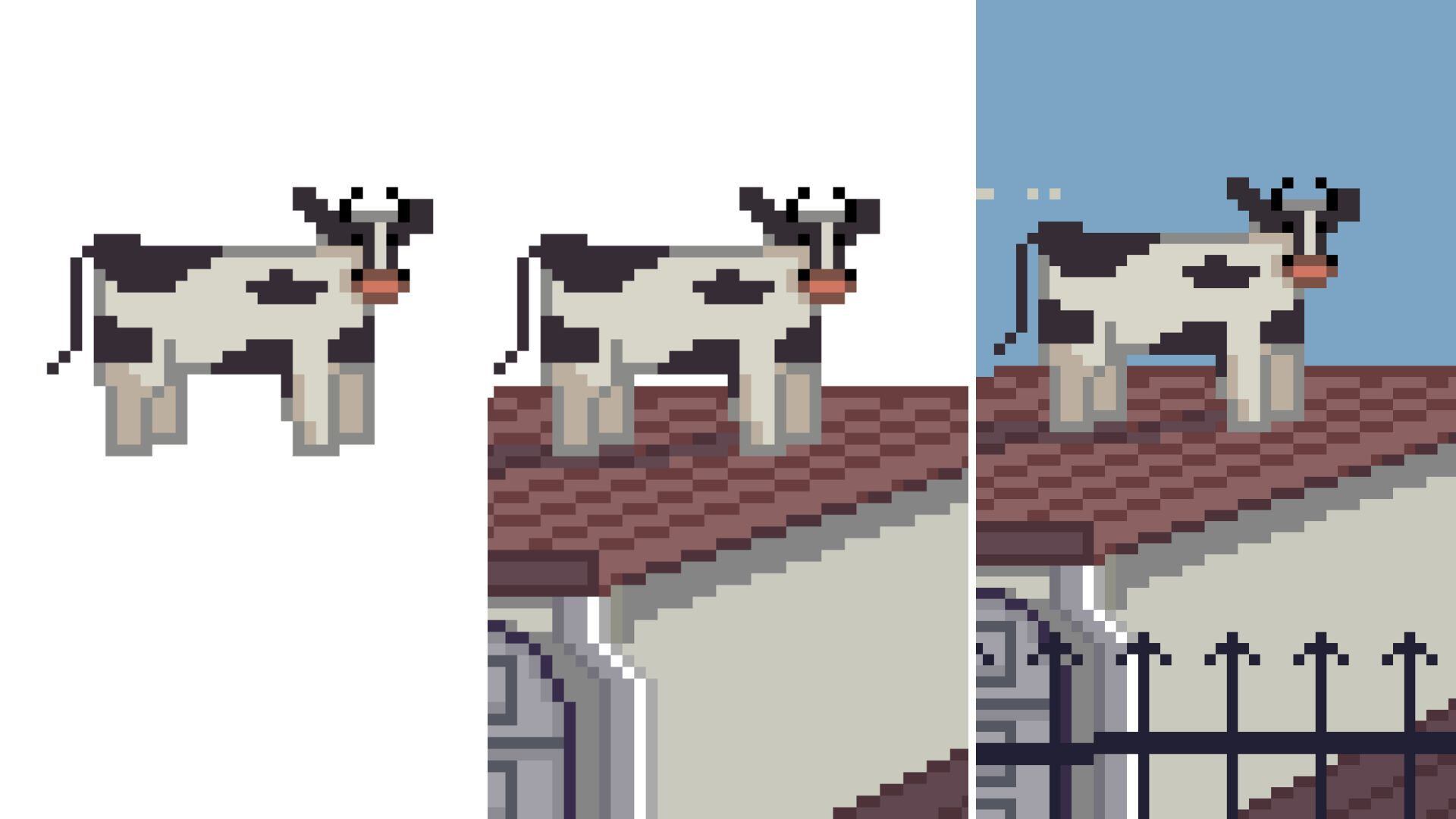 Paso a paso de la creación de la ilustración 'La vaca en el techo', de Colorblind Pixel.