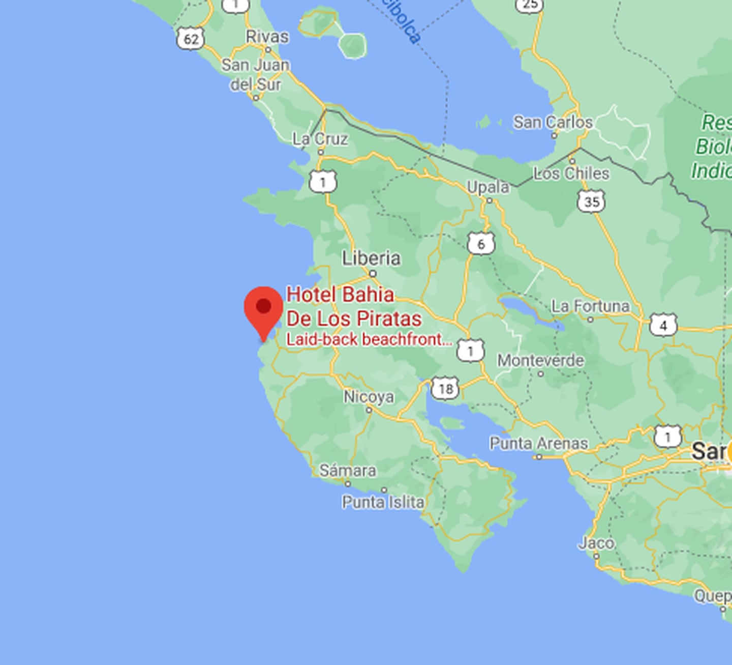 La búsqueda se concentra en ese sector del Pacífico norte y se realiza por mar y por tierra. Imagen: google maps.