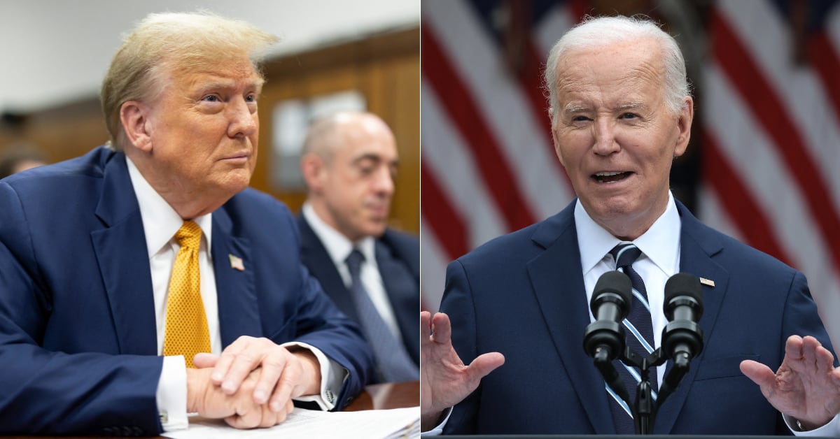 Joe Biden (der) respondió a los apodos y burlas de Donald Trump con ironía, incluso haciendo alusiones a los momentos en que Trump parecía quedarse dormido durante su juicio en Nueva York por presuntos pagos ocultos a una exactriz porno.