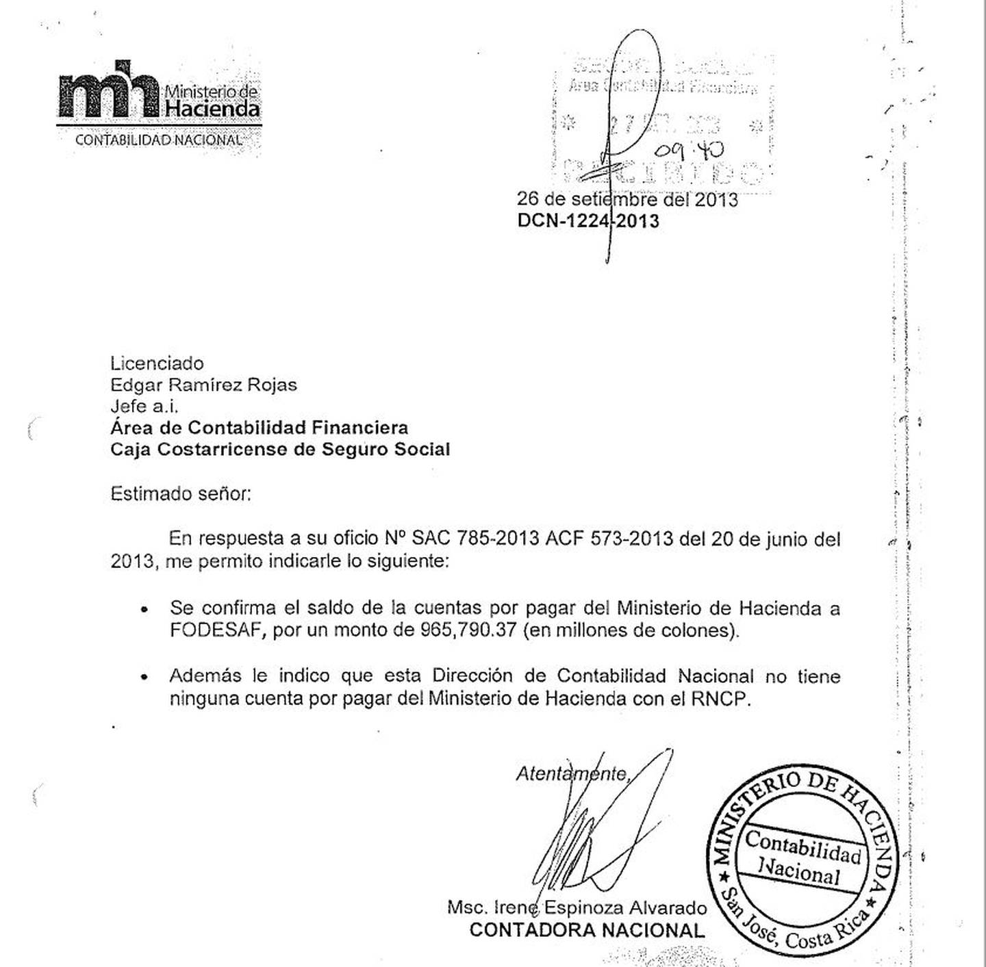 En el oficio DCN-1224-2013, del 26 de setiembre del 2013, la Dirección de Contabilidad Nacional reconoce la deuda con Fodesaf. Reproducción La Nación.