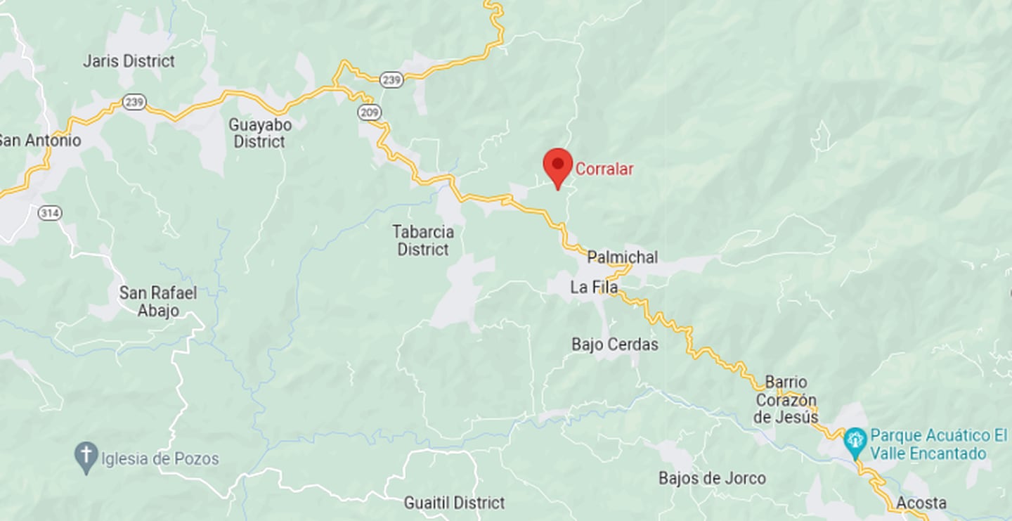 A las 2:37 p.m. ocurrió el accidente mortal en Corralar de Tabarcia, cantón de Mora. Imagen: Google maps