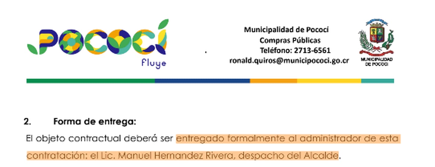 La imagen corresponde a un oficio firmado por Ronald Quirós Brenes, coordinador de compras públicas de la Municipalidad de Pococí, el 18 de noviembre del año pasado, en el que señala que se debe entregar las uvas y manzanas directamente al alcalde de Pococí.