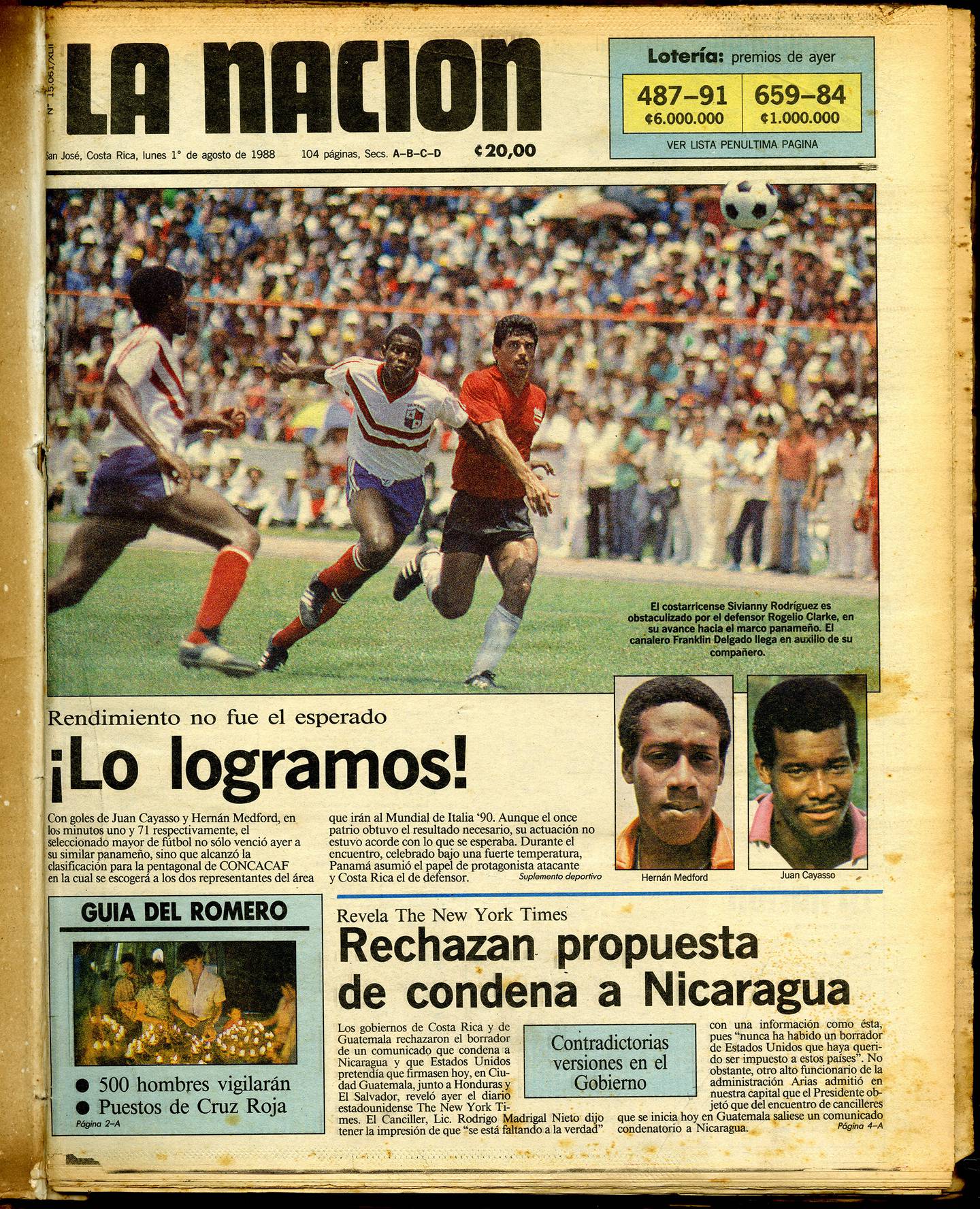 Reproducción de portada de La Nación del 1 de agosto de 1988, se titula Lo Logramos! Partido de la Selección Nacional vs Panamá.
