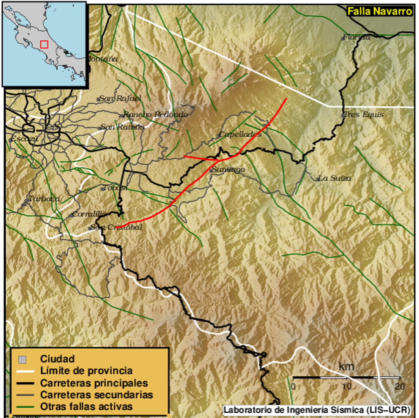 La falla Navarro es un poco más extensa que la distancia entre San José y la ciudad de Putarenas. Ilustración: RSN