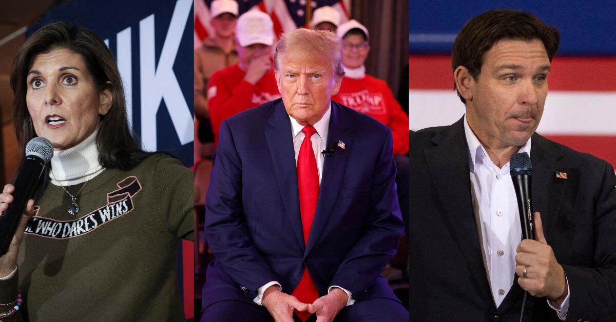 En las primarias republicanas de Iowa, Donald Trump (centro) enfrentará a sus rivales Nikki Haley (izq) y Ron DeSantis (der). Fotos: AFP