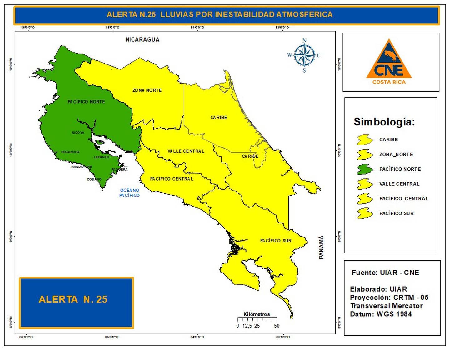 Las condiciones lluviosas del Caribe motivaron a la CNE a dictar alerta amarilla en casi todo el país. Imagen: CNE.