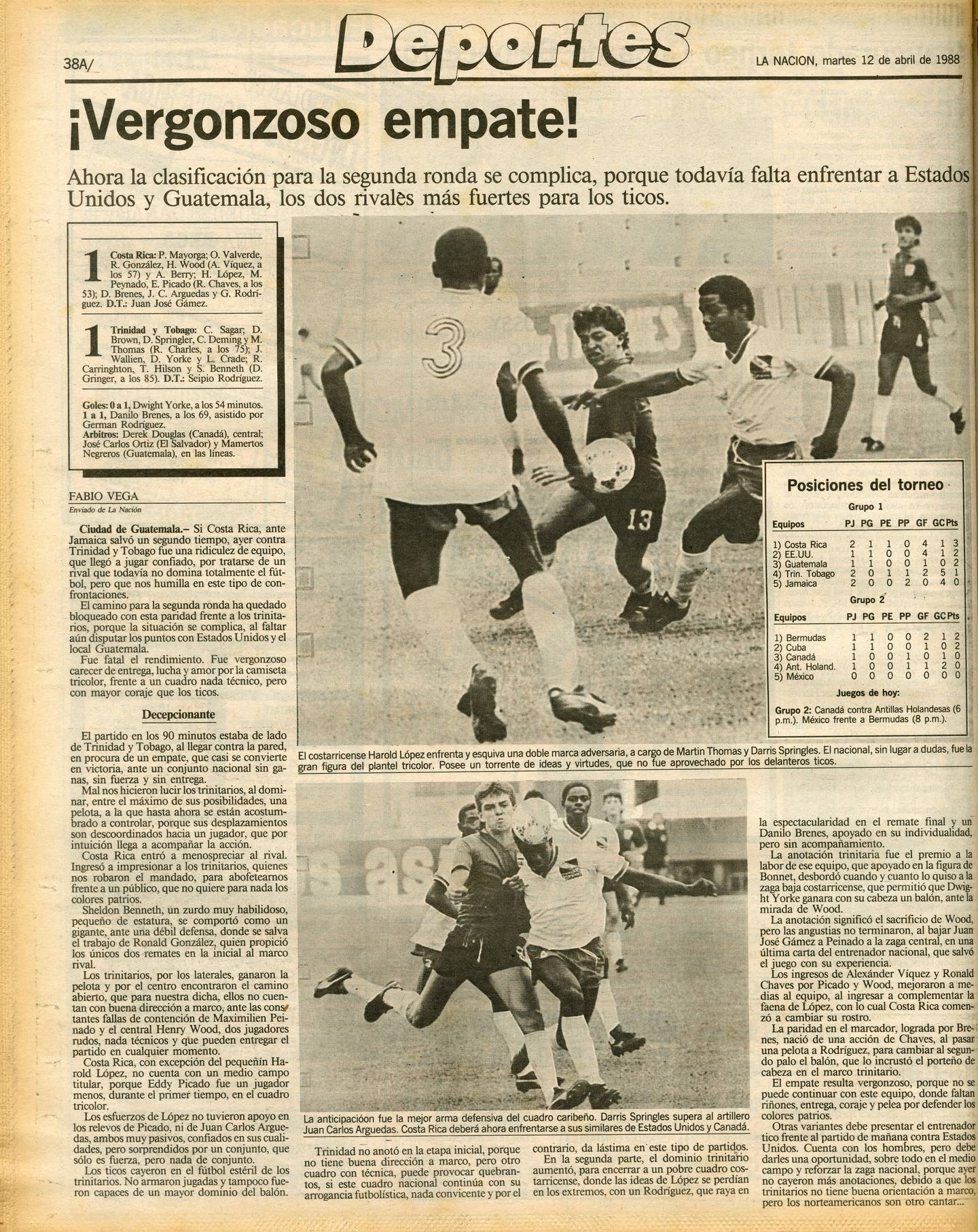 'La Nación' tildó de vergonzoso el empate entre Costa Rica y Trinidad y Tobago en el Premundial Sub-20 de 1988.