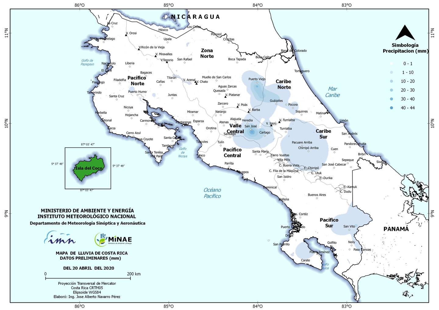 El punto más azul en San José corresponde al sector de Zapote y alrededores, donde en una sola tarde se superó el promedio del mes. Mapa: IMN.