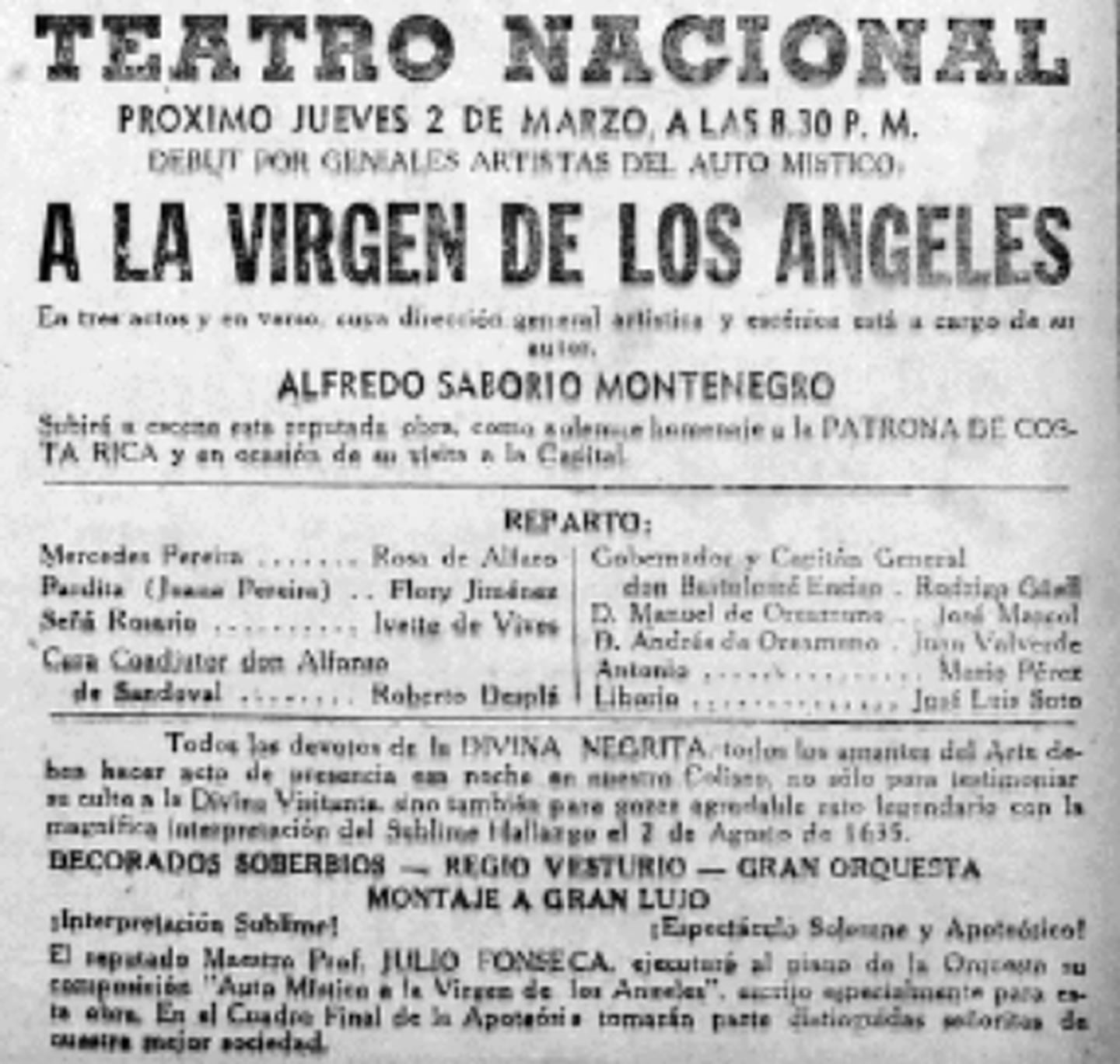 Anuncio del estreno del auto místico La Virgen de los Ángeles. La Prensa Libre.
