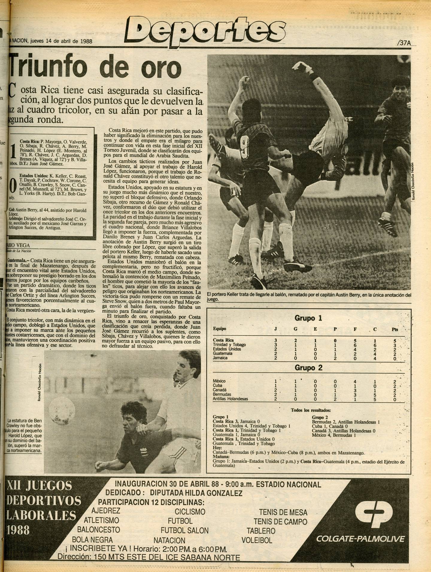 'La Nación' calificó como 'triunfo de oro' la victoria de la Selección Sub-20 de Costa Rica contra Estados Unidos en el Premundial en 1988.