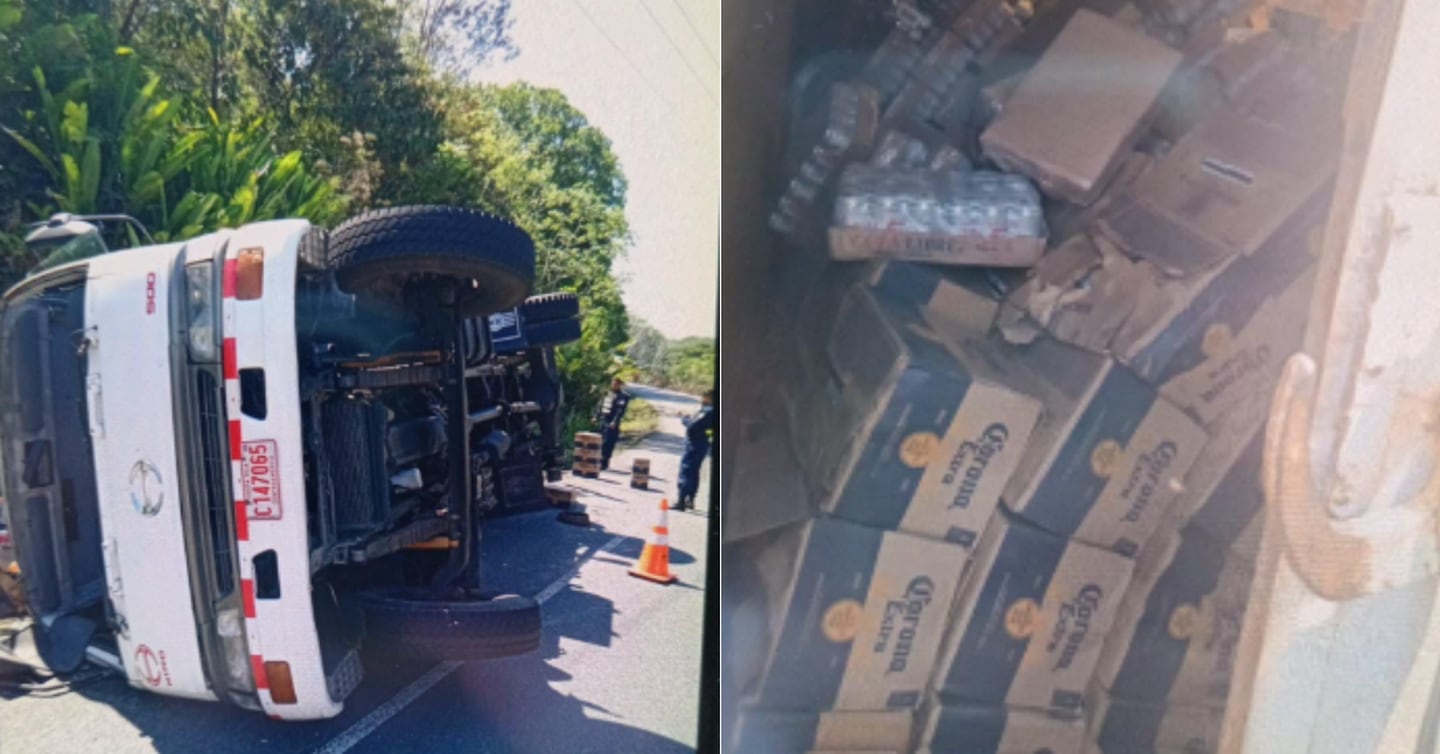 Se produjo un accidente en Ciudad Cortés la mañana del jueves, donde un camión que transportaba bebidas alcohólicas se volcó, esparciendo su carga sobre la vía.